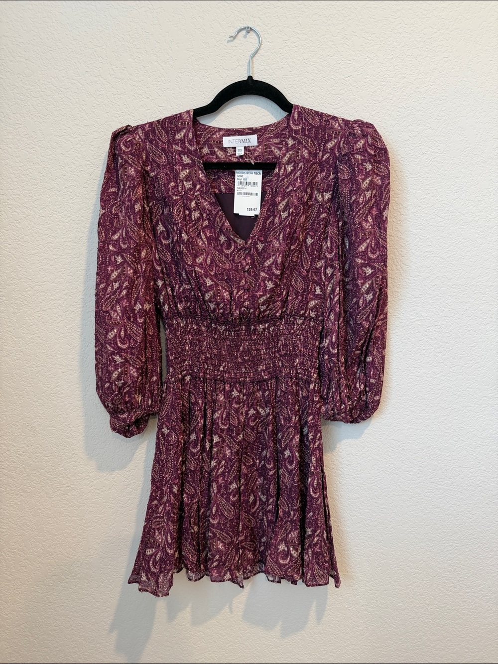 INTERMIX Plum Paisley Smocked Mini Dress
